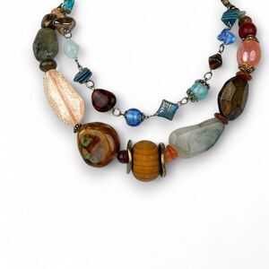 Treska Beaded Necklaces Lot Of 2 Boho Brown Chunky Faux Stones Small Blue Beads